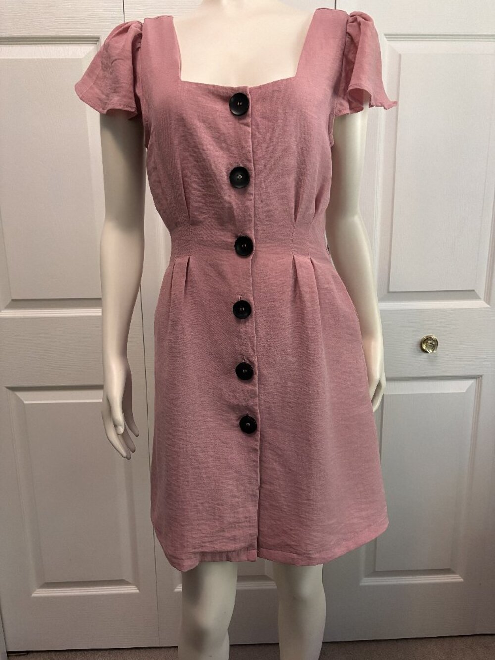 Merci Blush Pink Button Front Mini Dress M Square Neck Flutter Sleeve